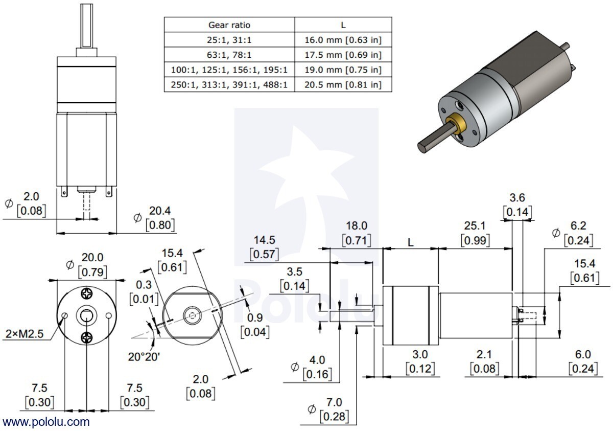 Pololu 100:1 Metal Gearmotor 20x44L mm 6V lang levetid CB 140RPM 3704