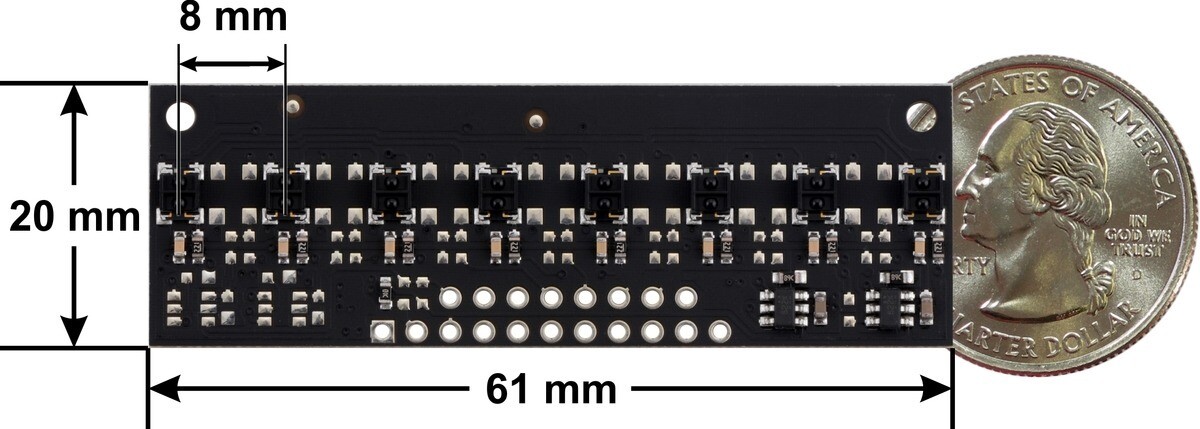 Pololu QTRX-MD-08RC Refleksensor Array: 8-kanal, 8 mm pitch, RC output, lav strøm 4348
