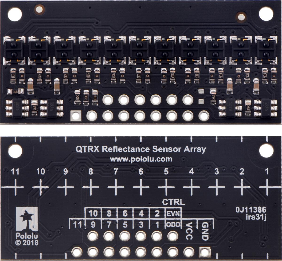 Pololu QTRX-HD-11A Refleksensor Array: 11-kanal, 4 mm pitch, analogt output, lav strøm 4411