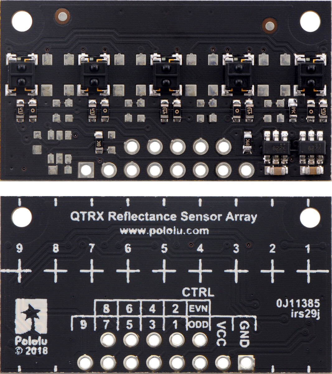 Pololu QTRX-MD-05A Refleksensor Array: 5-kanal, 8 mm pitch, analogt udgang, lav strøm 4445