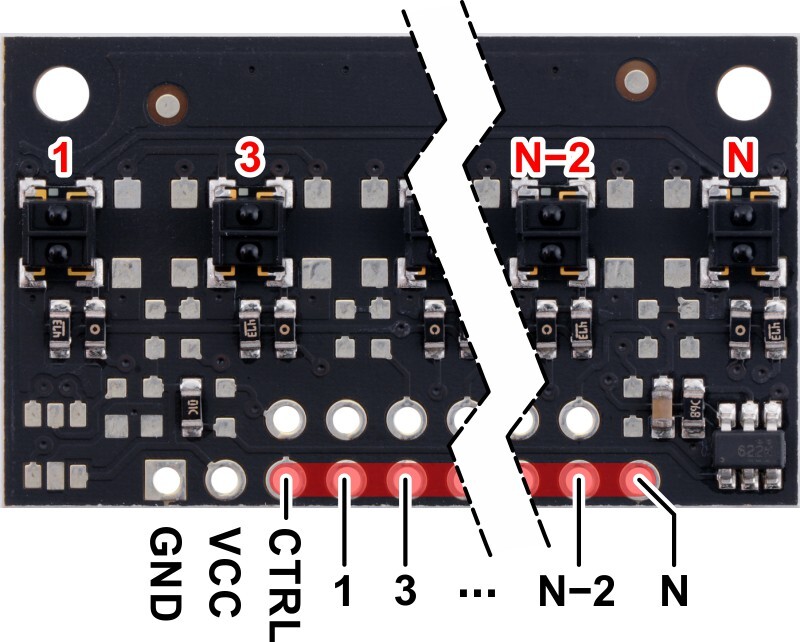 Pololu QTRX-MD-06A Refleksensor Array: 6-kanaler, 8 mm pitch, analogt udgang, lav strømforbrug 4446