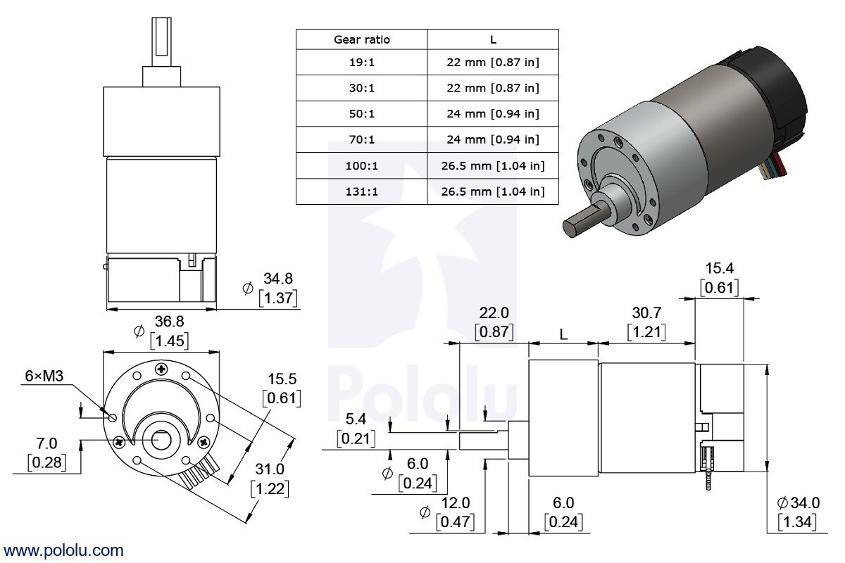 Pololu 131:1 Metal Gearmotor 37Dx73L mm 12V med 64CPR Encoder (Helikal gear) 4756