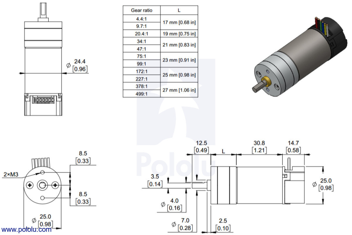 Pololu 20,4:1 Metal Gearmotor 25x65 mm HP 6V med 48 CPR encoder 4803