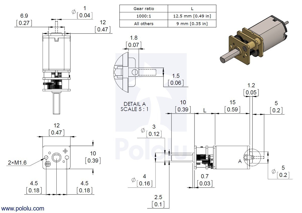 Pololu 298:1 Micro Metal Gear Motor HP 6V 100RPM 994