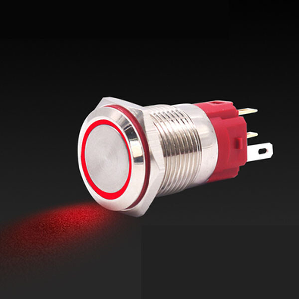 Robust metalknap med rød LED-ring - 16 mm rød momentkontakt