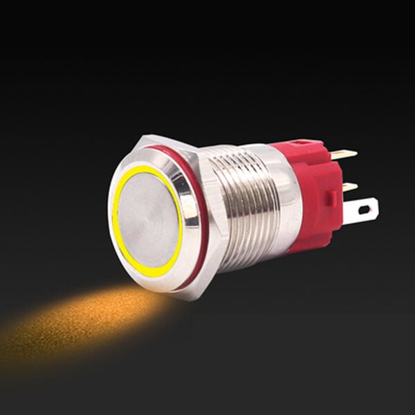 Robust metalknap med gul LED-ring - 16 mm gul momentær