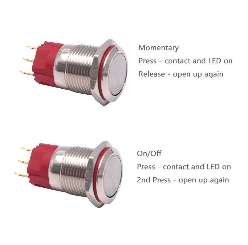Robust metalknap med gul LED-ring - 16 mm gul momentær