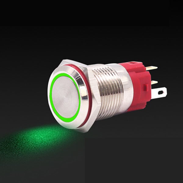 Robust metal knap med grøn LED-ring - 16 mm grøn momentær