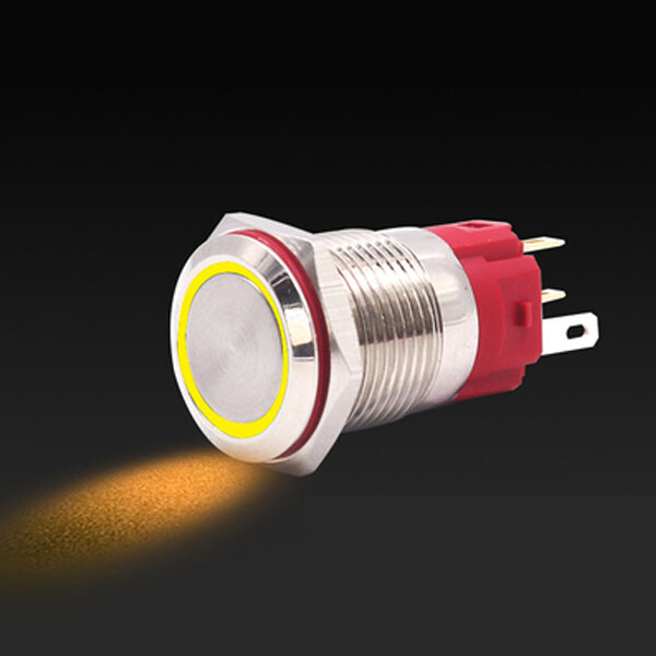 Robust metal ON/OFF-kontakt med gul LED-ring - 16 mm gul ON/OFF