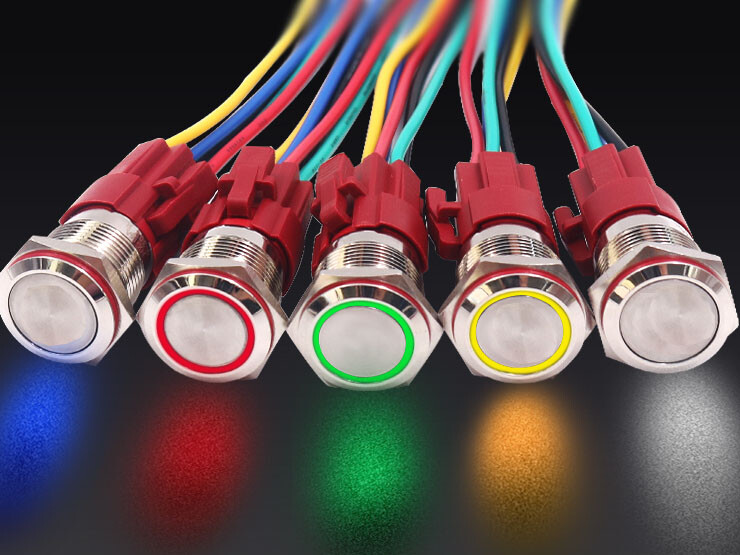Robust metal ON/OFF-kontakt med gul LED-ring - 16 mm gul ON/OFF