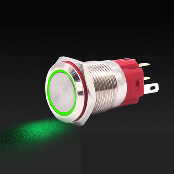Robust metal-kontakt med grøn LED-ring - 16 mm, grøn kontakt/frakobling