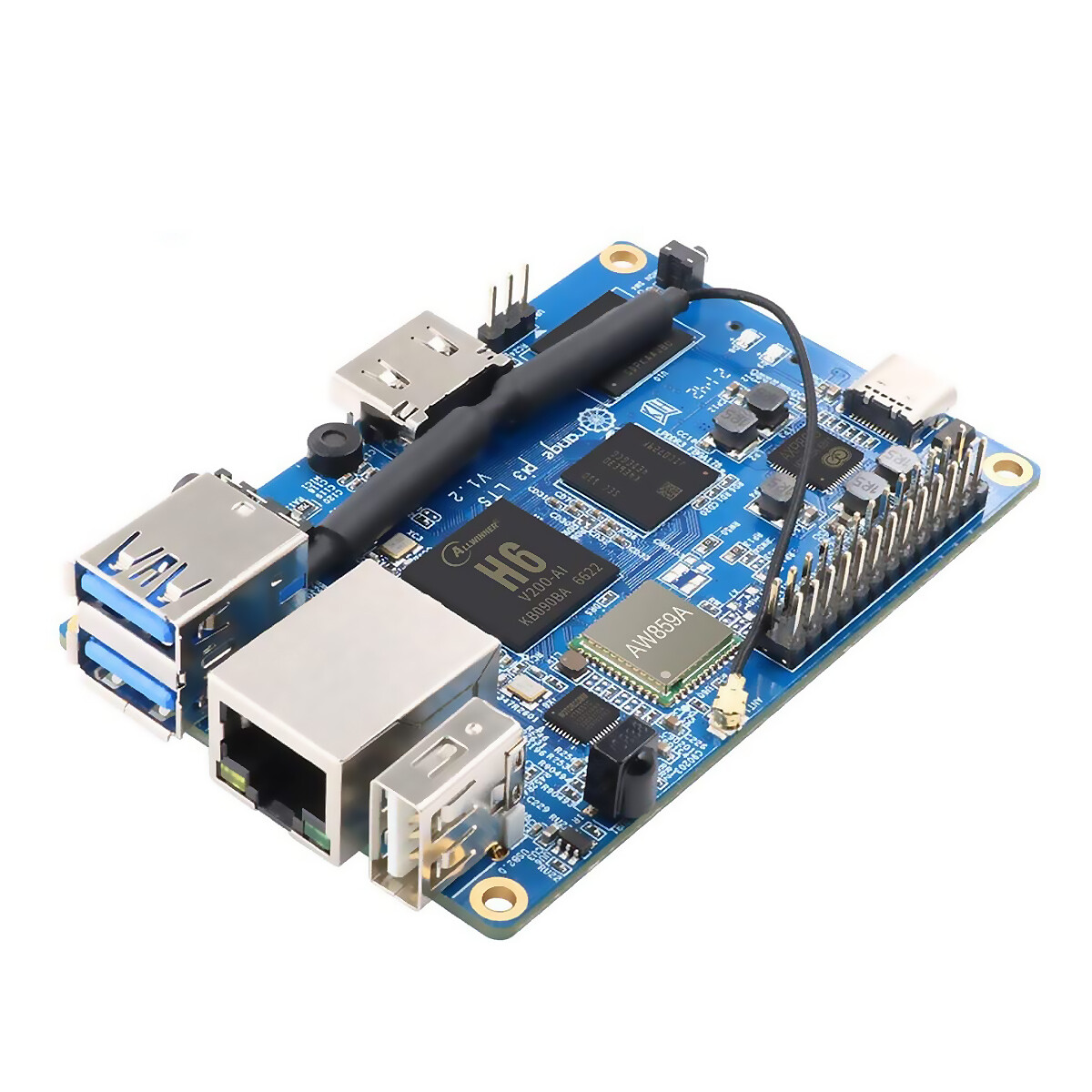 Orange Pi 3 LTS 2GB Single Board Computer, quad-core, 64-bit. Understøtter Debian, Arduino, Ubuntu.