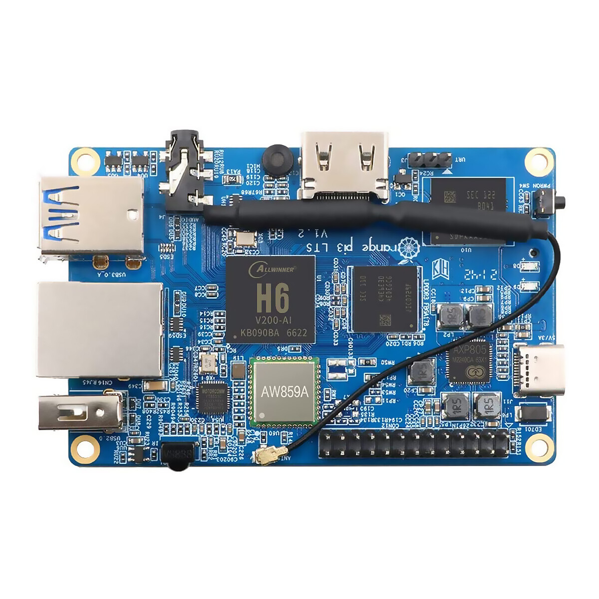 Orange Pi 3 LTS 2GB Single Board Computer, quad-core, 64-bit. Understøtter Debian, Arduino, Ubuntu.