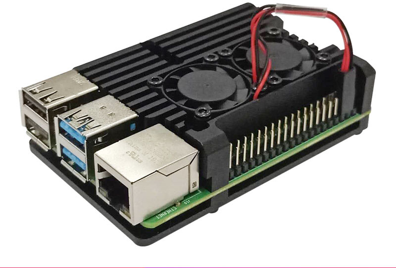 Raspberry Pi 4 Kabinet af aluminium med indbygget køleplade og dobbelt ventilator