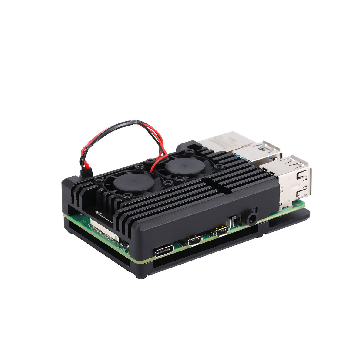 Raspberry Pi 4 Kabinet af aluminium med indbygget køleplade og dobbelt ventilator