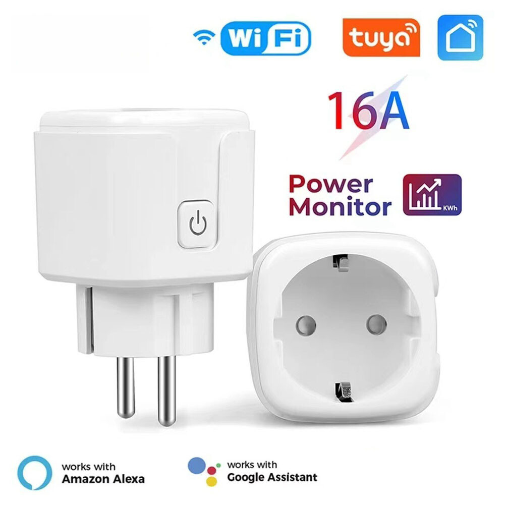 Smart WLAN-steckdosen-timer med stemmestyring, WiFi-stik, Tuya, Alexa, Google kompatibelt, app-styring, 16A, stikkontakt.