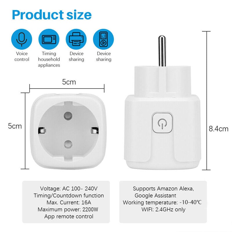 Smart WLAN-steckdosen-timer med stemmestyring, WiFi-stik, Tuya, Alexa, Google kompatibelt, app-styring, 16A, stikkontakt.