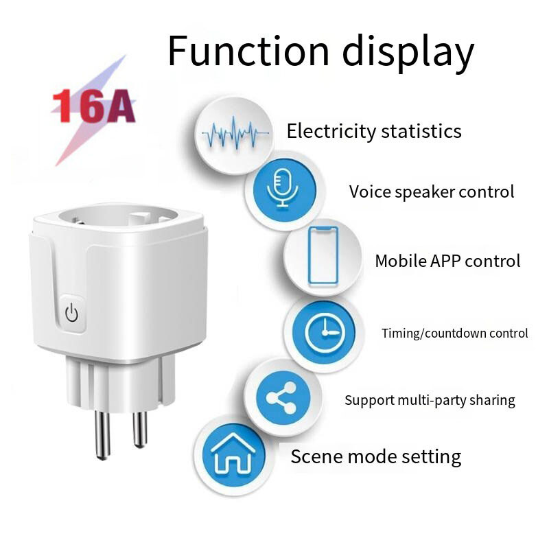 Smart WLAN-steckdosen-timer med stemmestyring, WiFi-stik, Tuya, Alexa, Google kompatibelt, app-styring, 16A, stikkontakt.