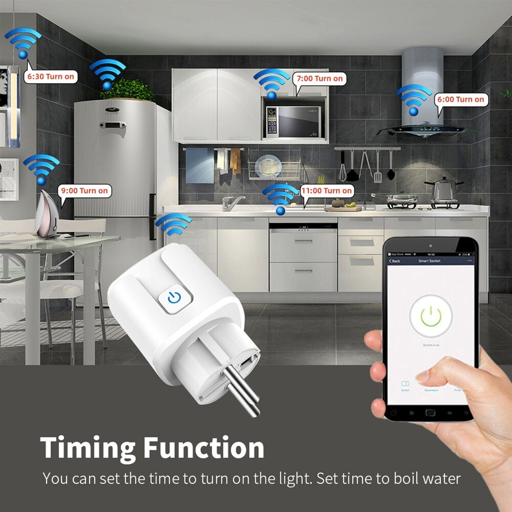 Smart WLAN-steckdosen-timer med stemmestyring, WiFi-stik, Tuya, Alexa, Google kompatibelt, app-styring, 16A, stikkontakt.