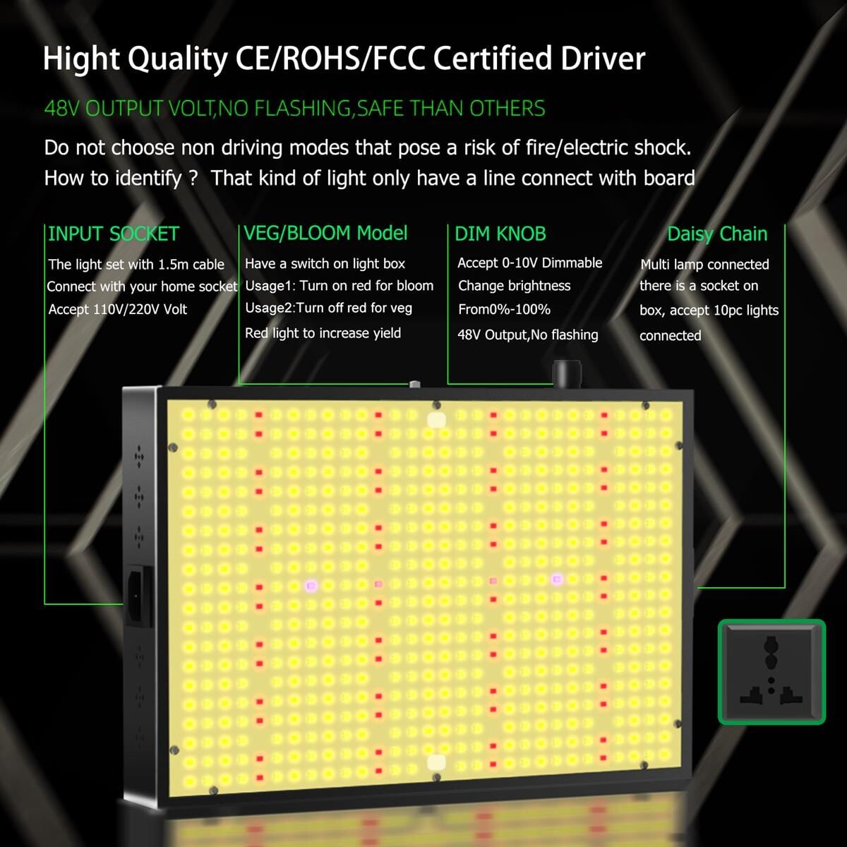 PB1000W LED-vækstlampe, PPFD, fuldspektrum, justerbar, høj lysudbytte, dual mode, plantelys
