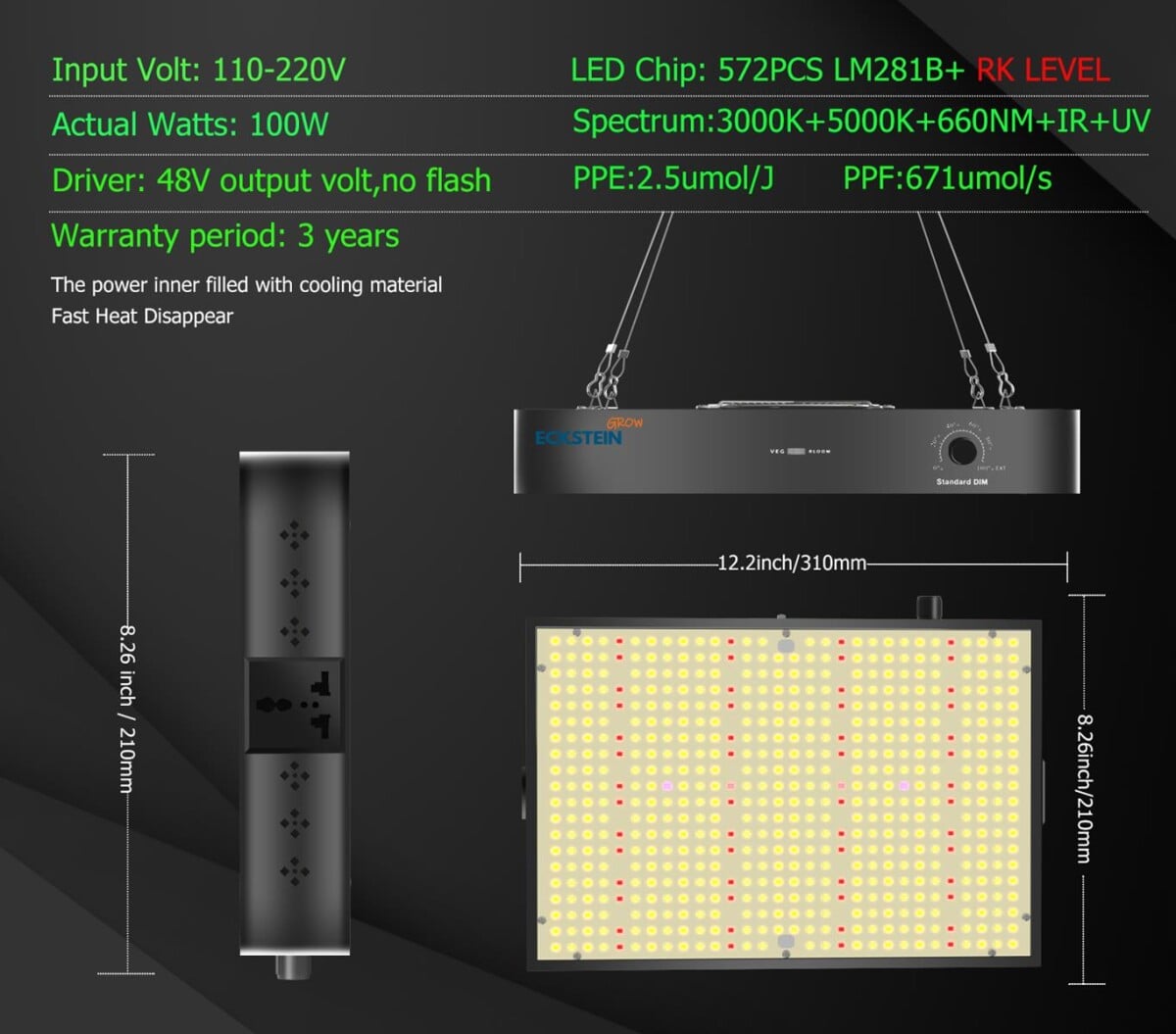 PB1000W LED-vækstlampe, PPFD, fuldspektrum, justerbar, høj lysudbytte, dual mode, plantelys