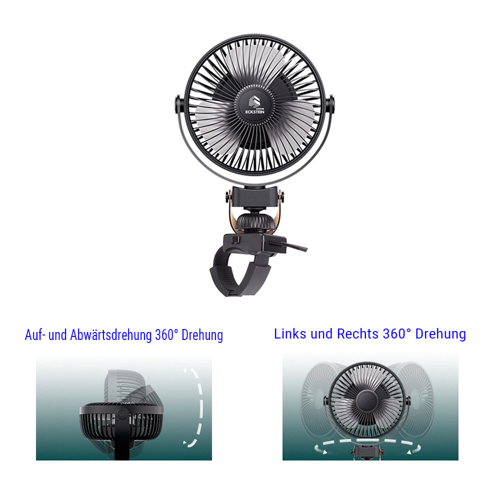 6-toms ventilatorhoved, 360° roterende ventilator, hængende loftsventilator med lanyard, båndfast base og børsteløs motor, til drivhus.