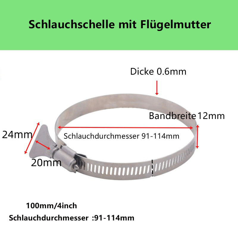 4“ Slangeklemme med vingemøtri, klæbemåler 91-114 mm, Manuel slangeklemme i rustfrit stål til fastgørelse af udstødningsslanger og -ventilatorer