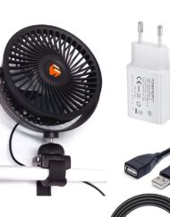 5-tommers ventilatorhoved, ventilator med 360° rotation, med dual USB-oplader, EU-stikadapter og 1,5 m USB-forlængerledning, til drivhus.