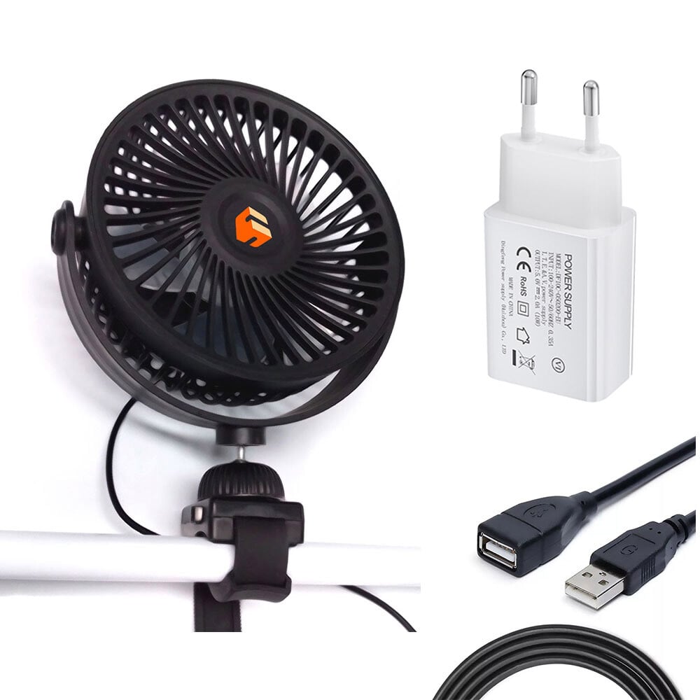 5-tommers ventilatorhoved, ventilator med 360° rotation, med dual USB-oplader, EU-stikadapter og 1,5 m USB-forlængerledning, til drivhus.