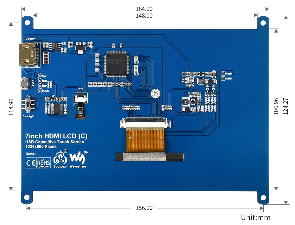 Waveshare 7 Zoll Kapazitiver Touchscreen LCD-Display 1024x600 HDMI til Raspberry Pi Windows