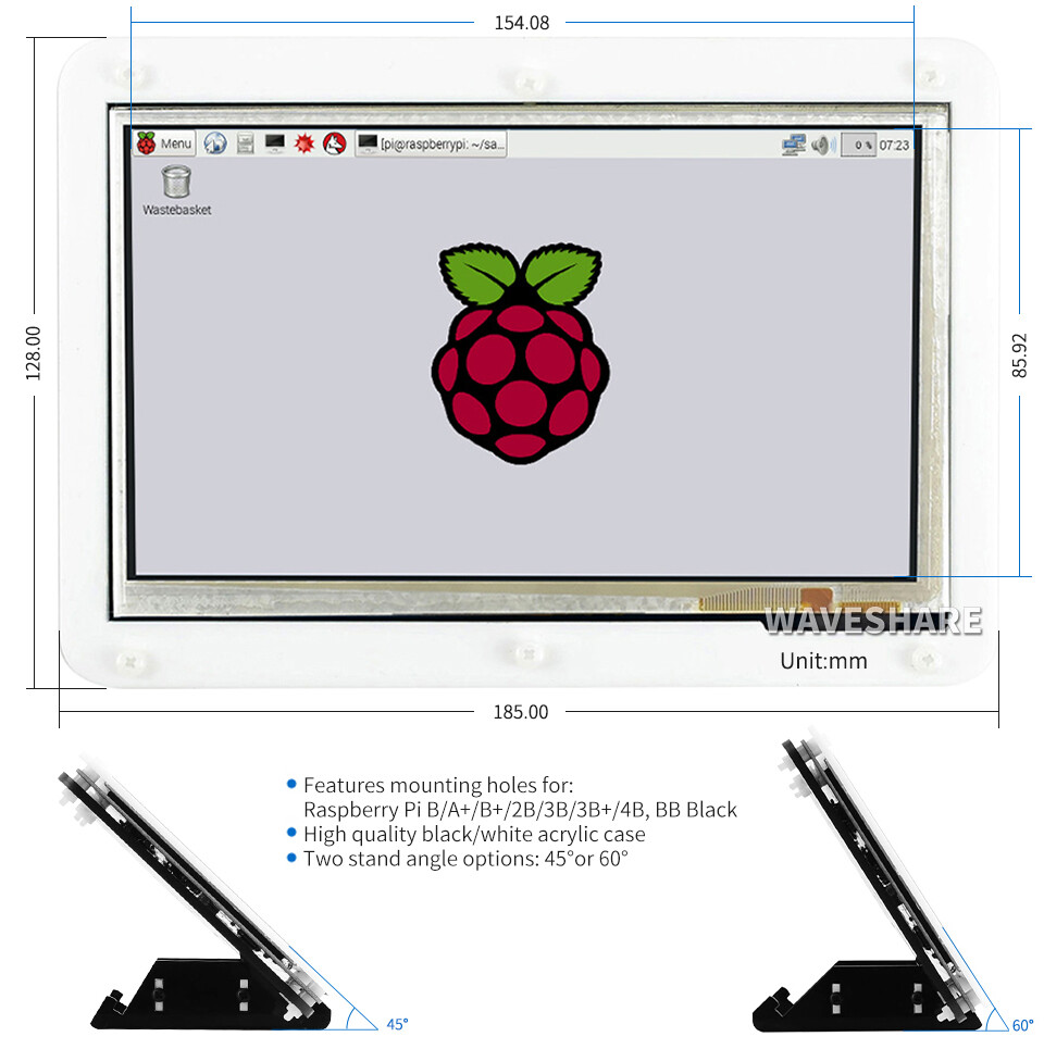 WaveShare 7-tommers kapacitivt touchskærm LCD (B) med tofarvet kabinet, 800×480 HDMI til Raspberry Pi/Windows
