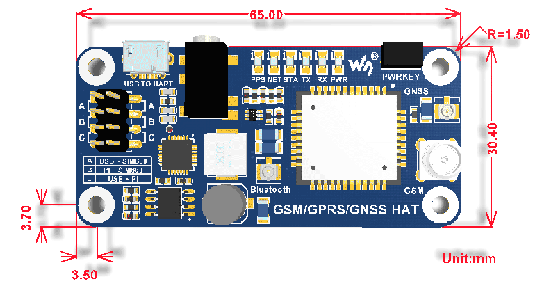 Waveshare Trådløst GSM GPRS GNSS Bluetooth HAT til Raspberry Pi Baseret på SIM868