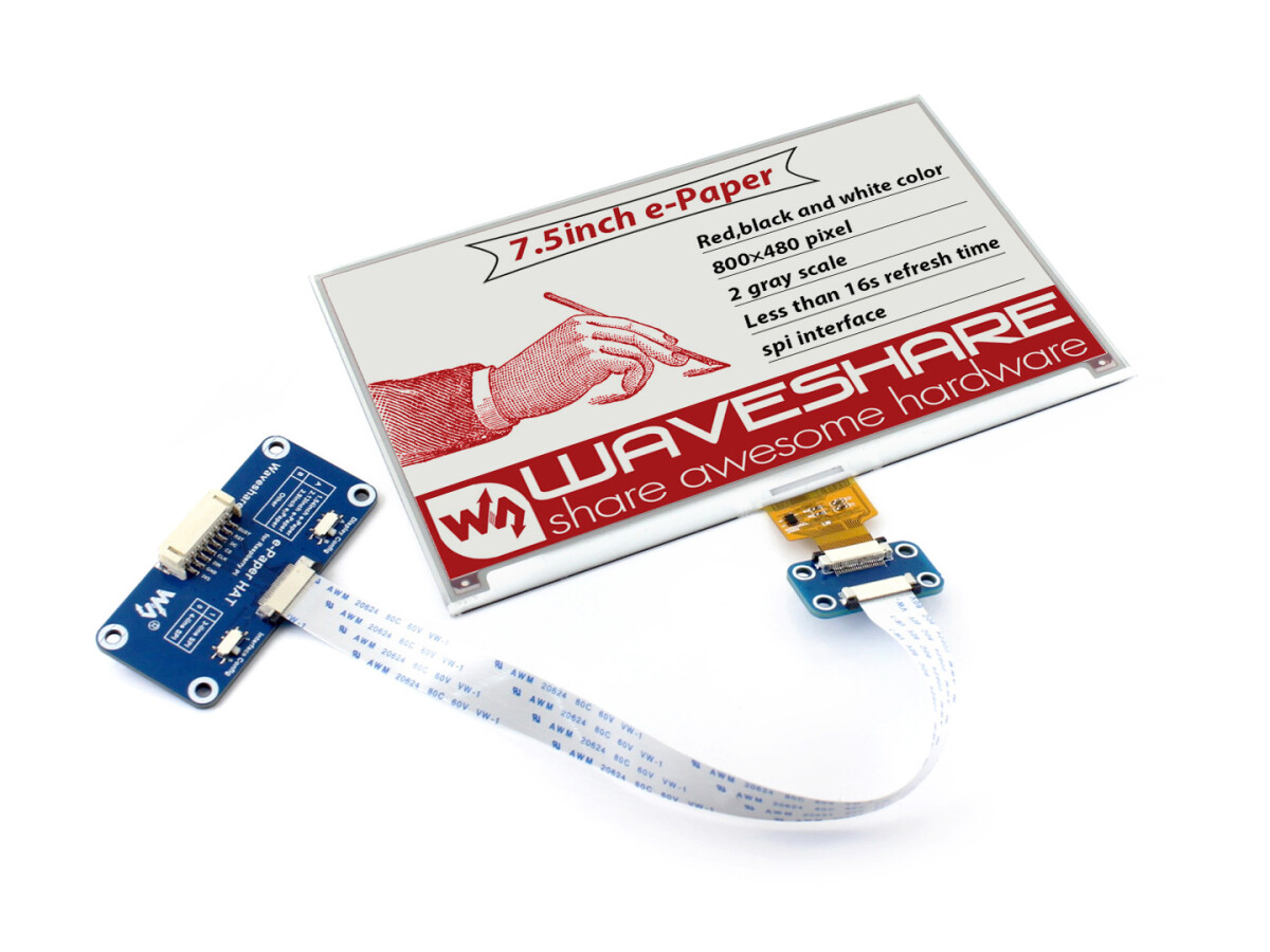 WaveShare 7,5 Zoll E-Paper E-Ink Display HAT (B) 800x480 til Raspberry Pi Rød / Sort / Hvid SPI