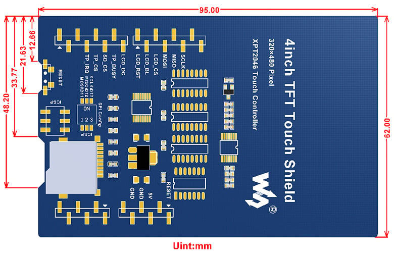 Waveshare 4 zoll 480x320 Widerstandstouch TFT LCD-schild Display ILI9486 SPI für Arduino