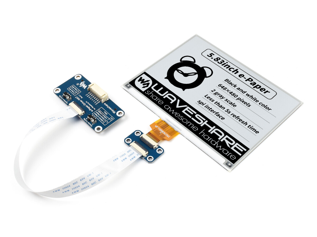 WaveShare 5,83 Zoll E-Paper E-Ink Display HAT til Raspberry Pi, 648×480, sort/hvid, SPI