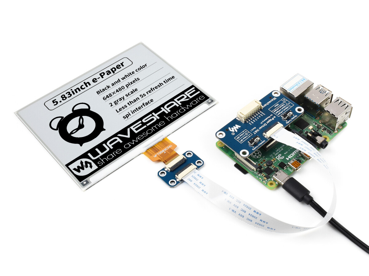 WaveShare 5,83 Zoll E-Paper E-Ink Display HAT til Raspberry Pi, 648×480, sort/hvid, SPI