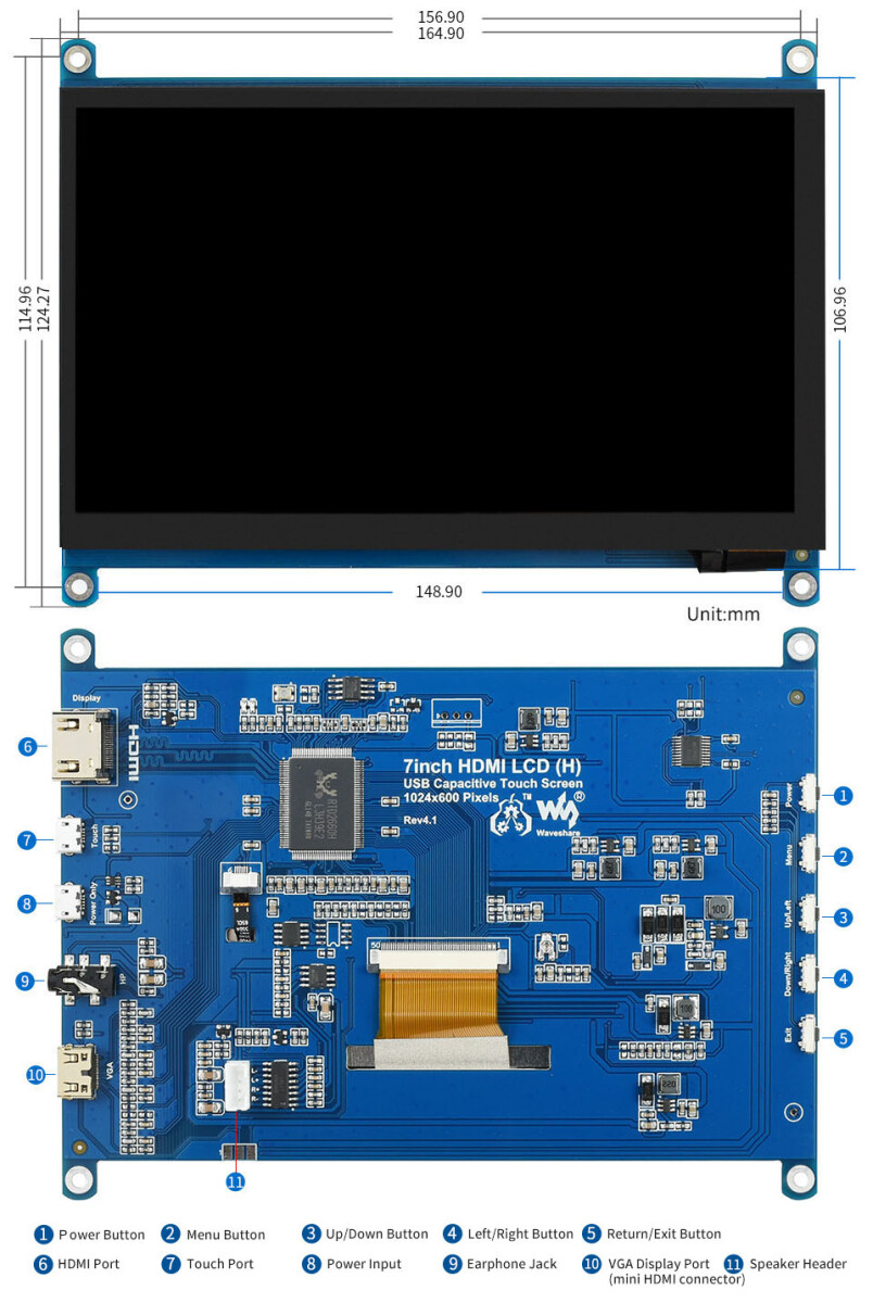 Waveshare 7 zoll Display 1024x600 kapazitiver Touchscreen LCD (H) HDMI IPS