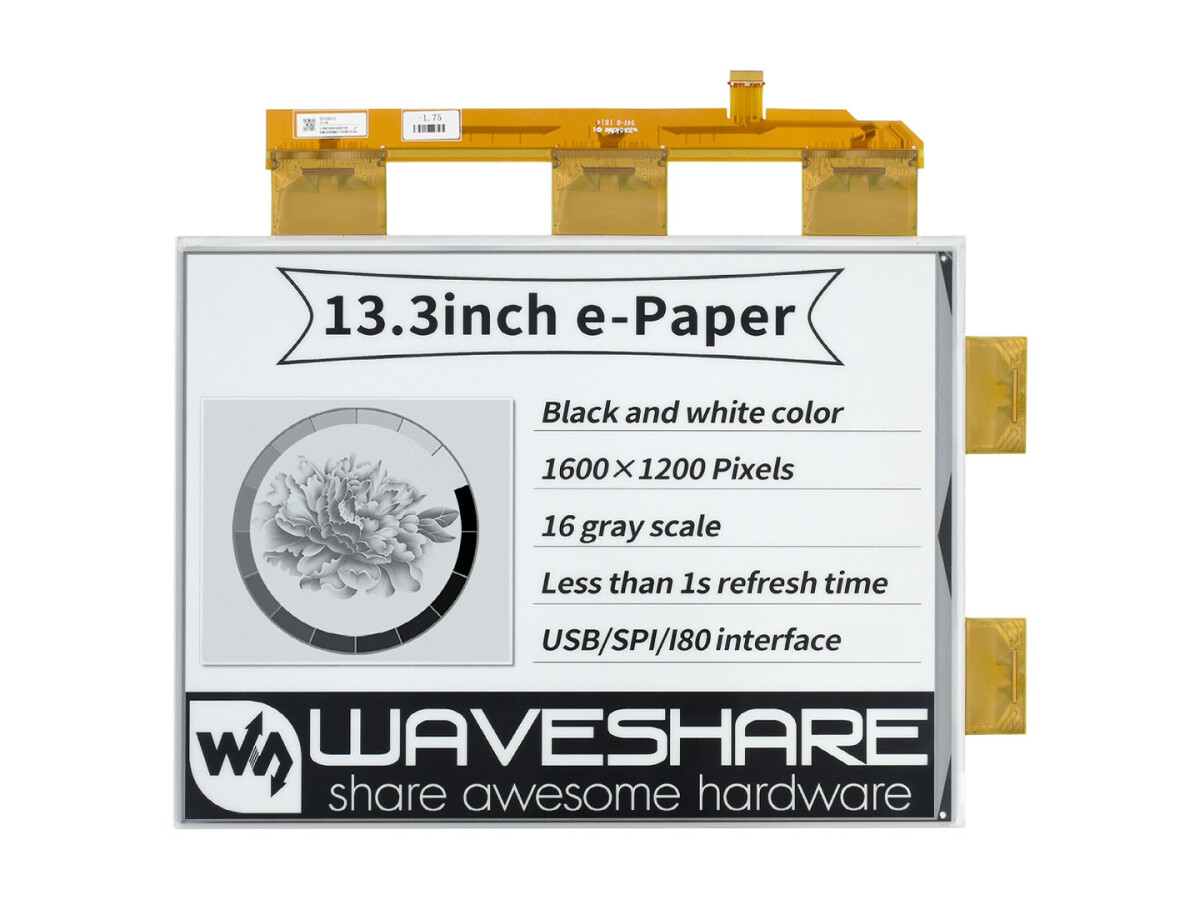 WaveShare 13,3 Zoll ePaper e-Ink rådisplay, 1600x1200, sort/hvid, 16 gråtoner, parallelport, uden PCB