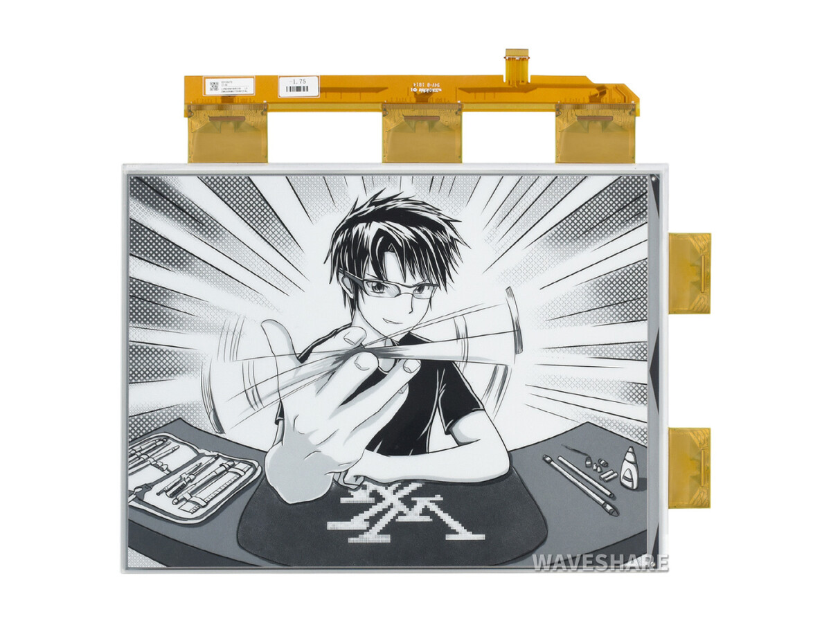 WaveShare 13,3 Zoll ePaper e-Ink rådisplay, 1600x1200, sort/hvid, 16 gråtoner, parallelport, uden PCB
