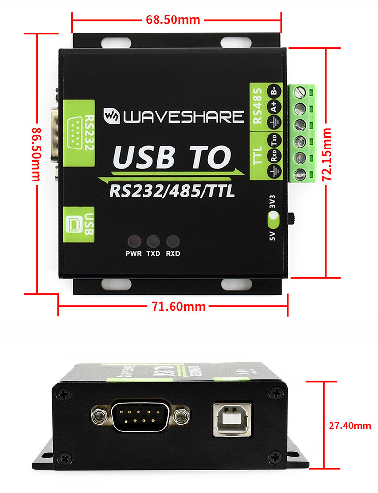 WaveShare USB TO RS232 RS485 TTL Industrielt isoleret converter