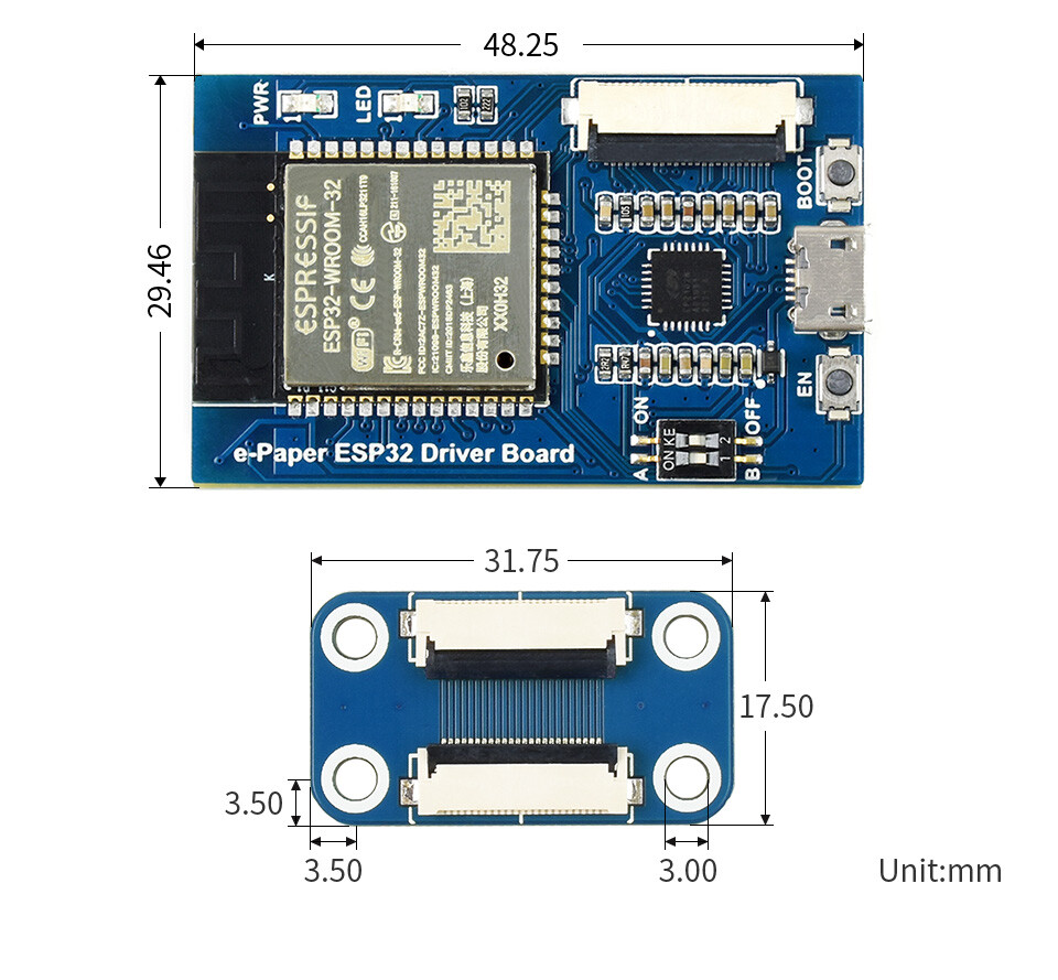 Waveshare Universal e-Paper rå panel driver board, ESP32 WiFi/Bluetooth