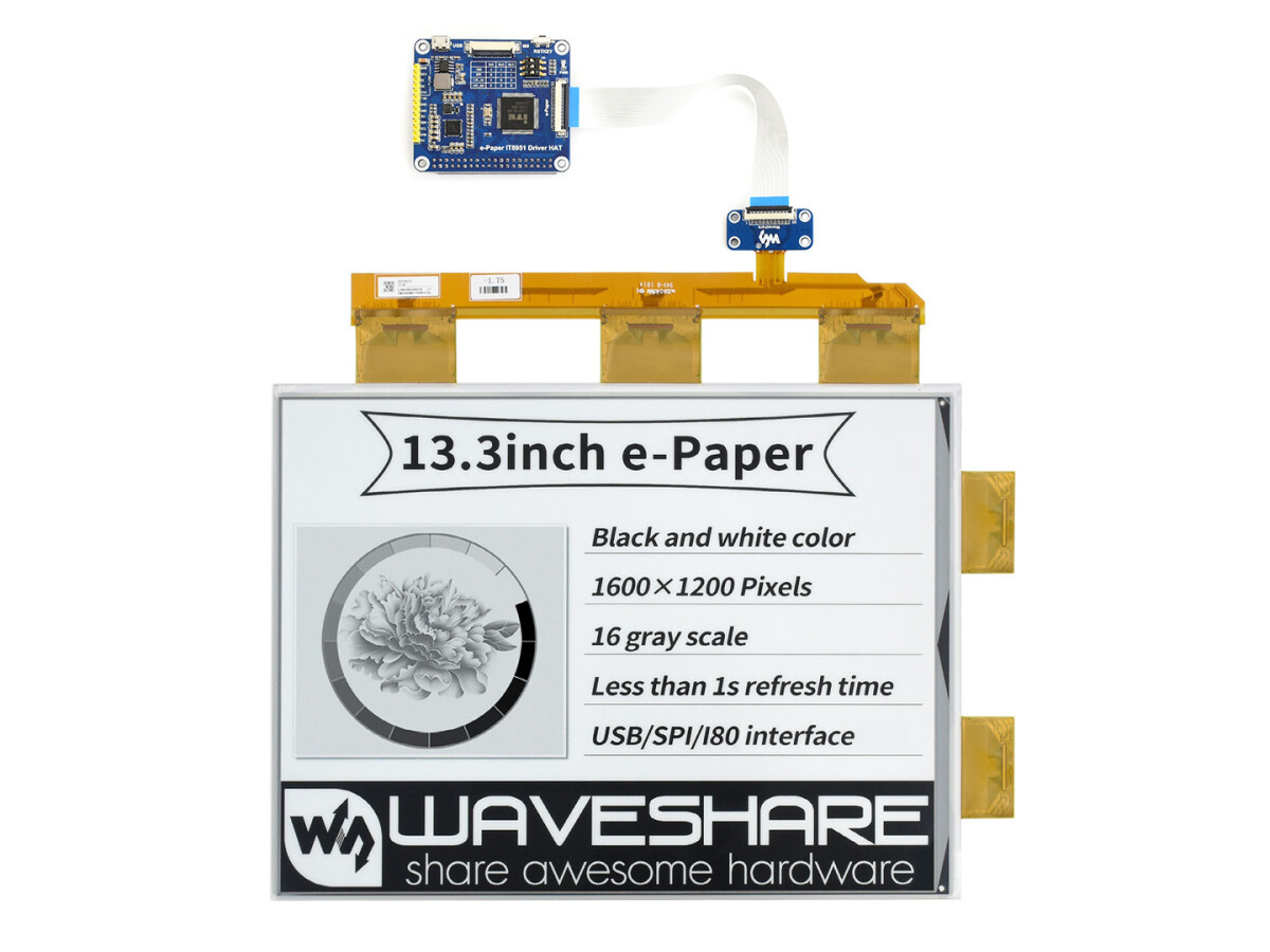 WaveShare 13,3 Zoll ePaper e-Ink Display HAT til Raspberry Pi, 1600x1200, sort/hvid, 16 gråtoner, USB / SPI / I80
