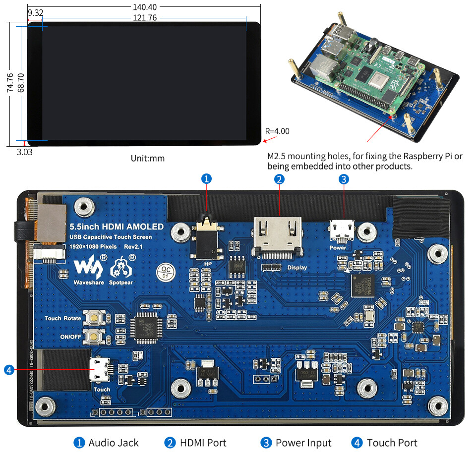 WaveShare 5,5 Zoll HDMI AMOLED-display 1080x1920 HDMI, forstærket glasdæksel