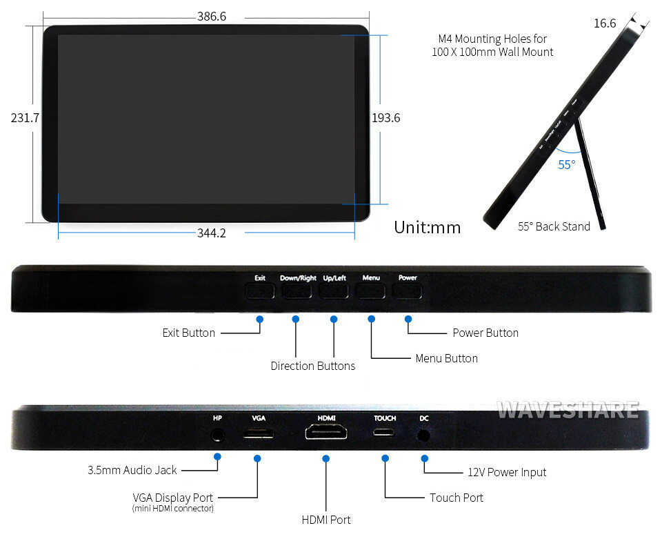 Waveshare 15,6 Zoll Kapazitiver Touchscreen LCD (H) mit Gehäuse 1920x1080 HDMI IPS