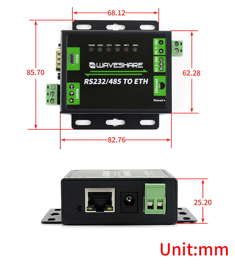 WaveShare Industrielt RS232 RS485 til Ethernet-konverter til EU