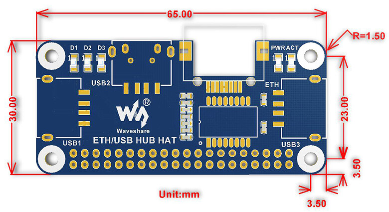 WaveShare Ethernet USB HUB HAT til Raspberry Pi 1x RJ45 3x USB