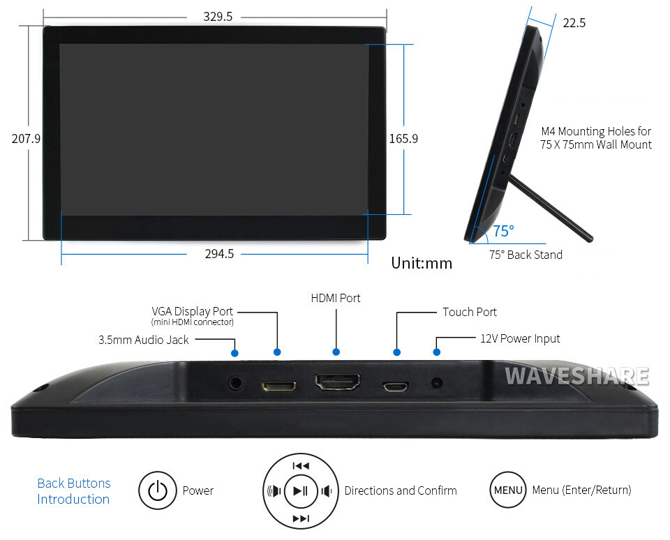 WaveShare 13,3 Zoll kapativer Touchscreen LCD med kabinet 1920x1080 HDMI IPS