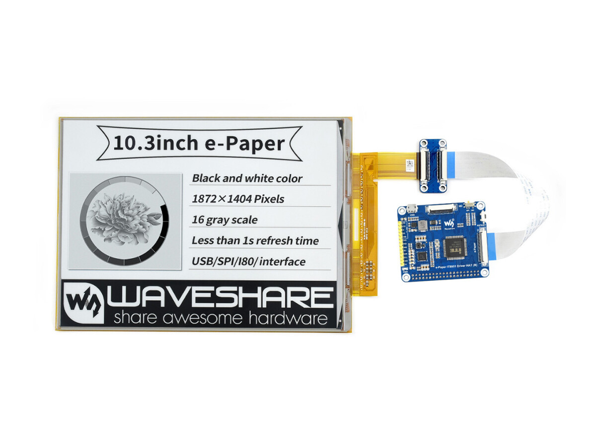 WaveShare 1872×1404, 10,3 Zoll fleksibel E-Ink display HAT til Raspberry Pi