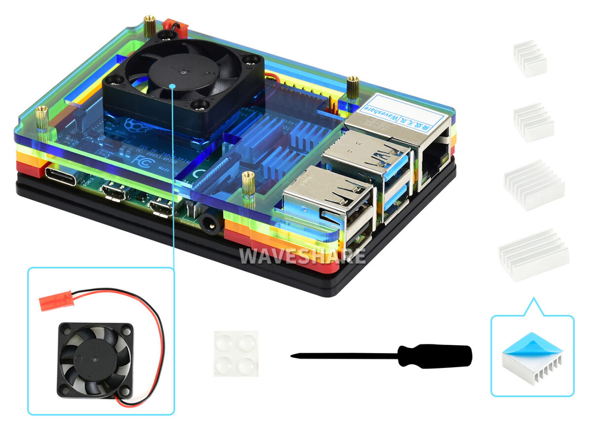 WaveShare Farverigt Regnbue-acrylkasse til Raspberry Pi 4 med køleventilator