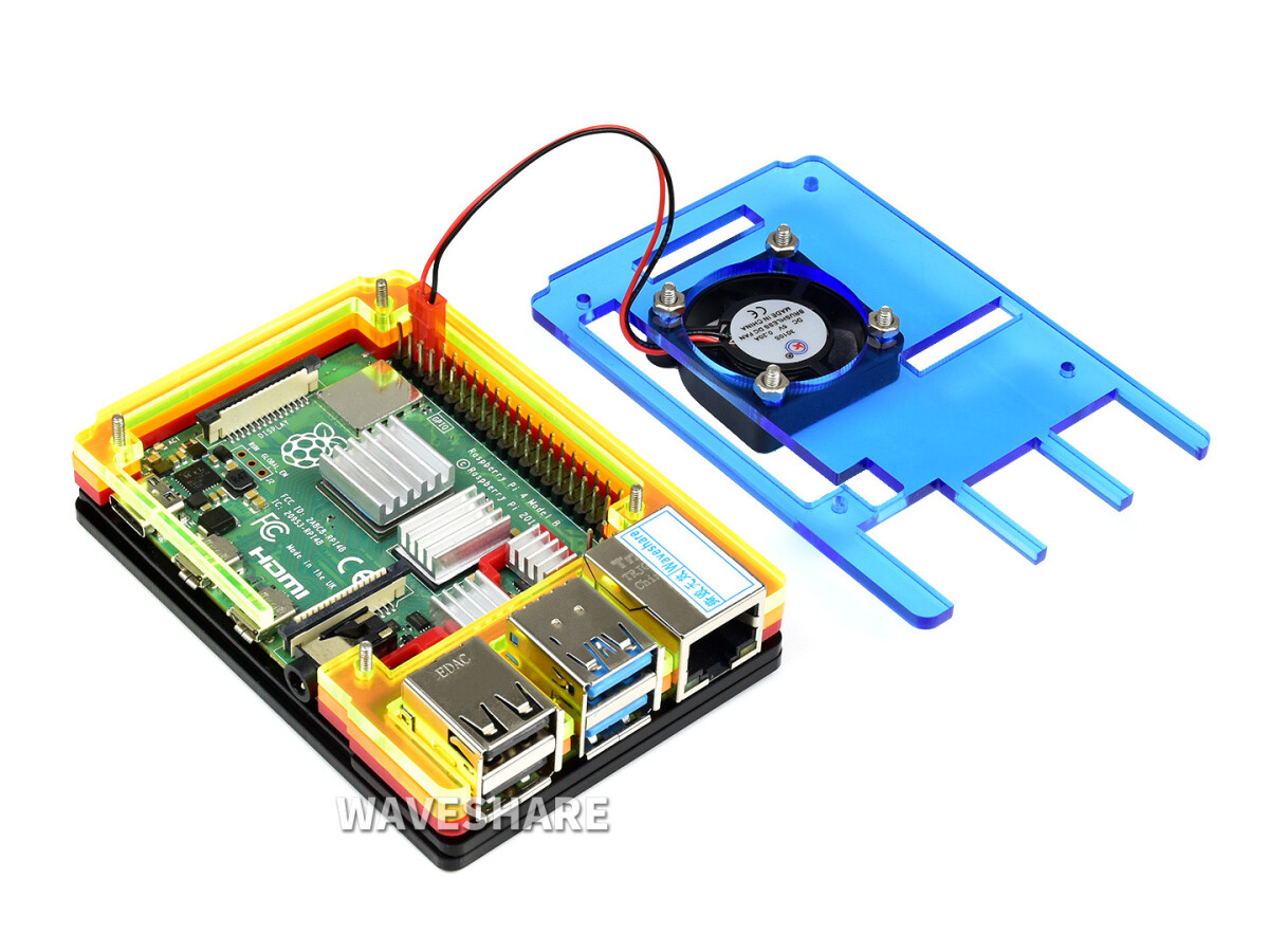 WaveShare Farverigt Regnbue-acrylkasse til Raspberry Pi 4 med køleventilator